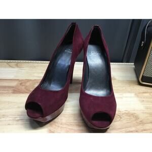 Stuart Weitzman Platform Pumps Women's 8.5 Burgundy Suede Slip-On Peep Toe